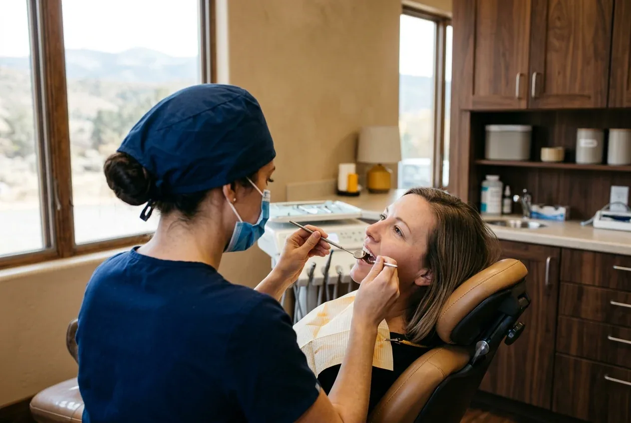 A dentist examining a patient's teeth with dental instruments.