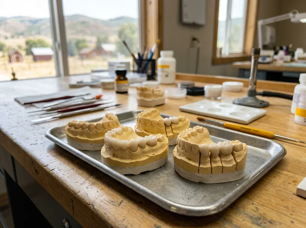 Dental casts fitted with crowns and bridges on a metal tray in a dental laboratory.