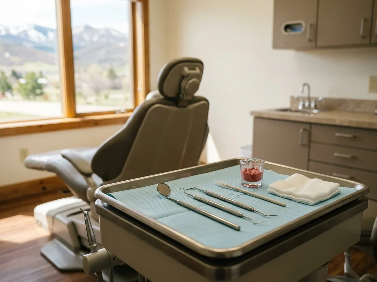 Dental instruments on a tray beside a dental chair facing a window with mountain views.
